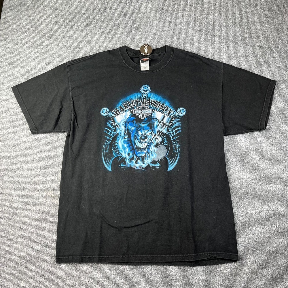 Harley Davidson T Shirt Mens 2XL Black Sturgis South Dakota Blue Flame Jester